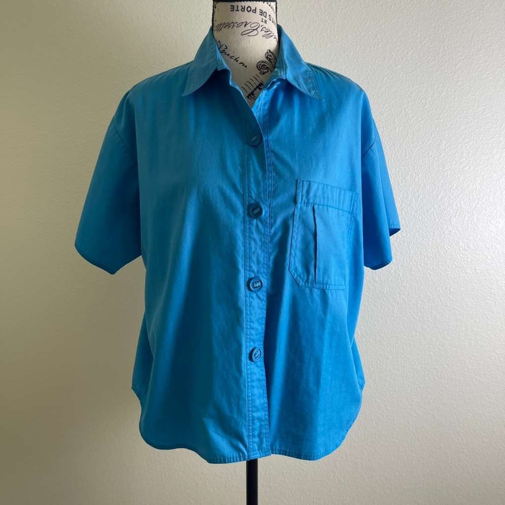 Chaus Vintage Turquoise Blue Short Sleeve Button Up Blouse Top Size 12 Box cut